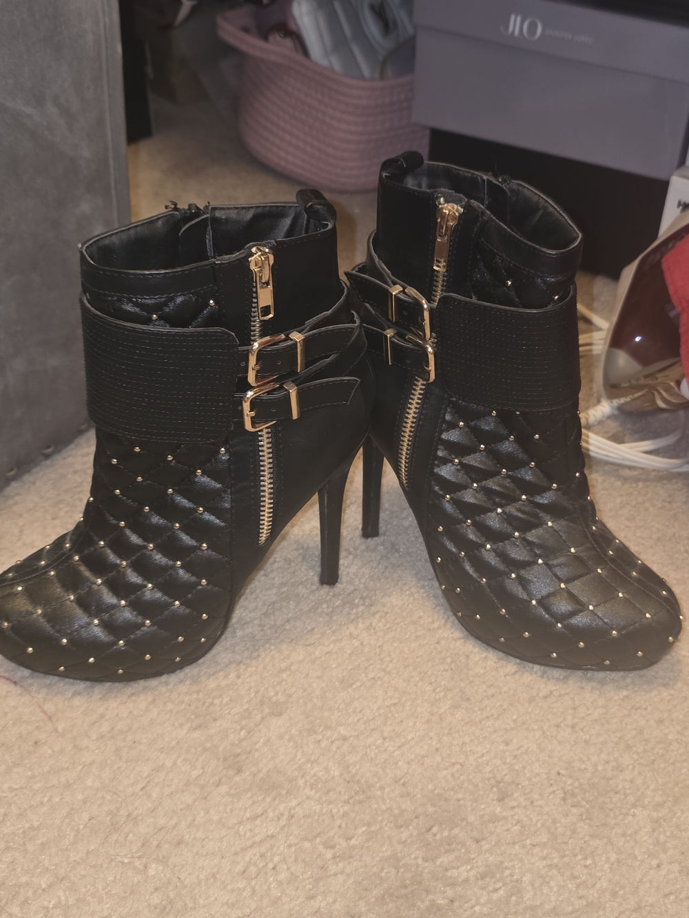 Women's Black Quilted Studded High-Heel Ankle Boots with Gold Hardware
